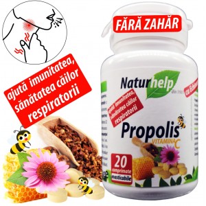 Propolis cu Vitamina C si Echinacea 20 cpr masticabile fără zahăr NaturHelp
